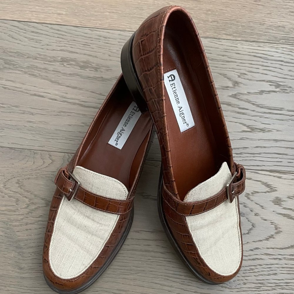 Etienne Aigner Brown and Cream Leather Flats